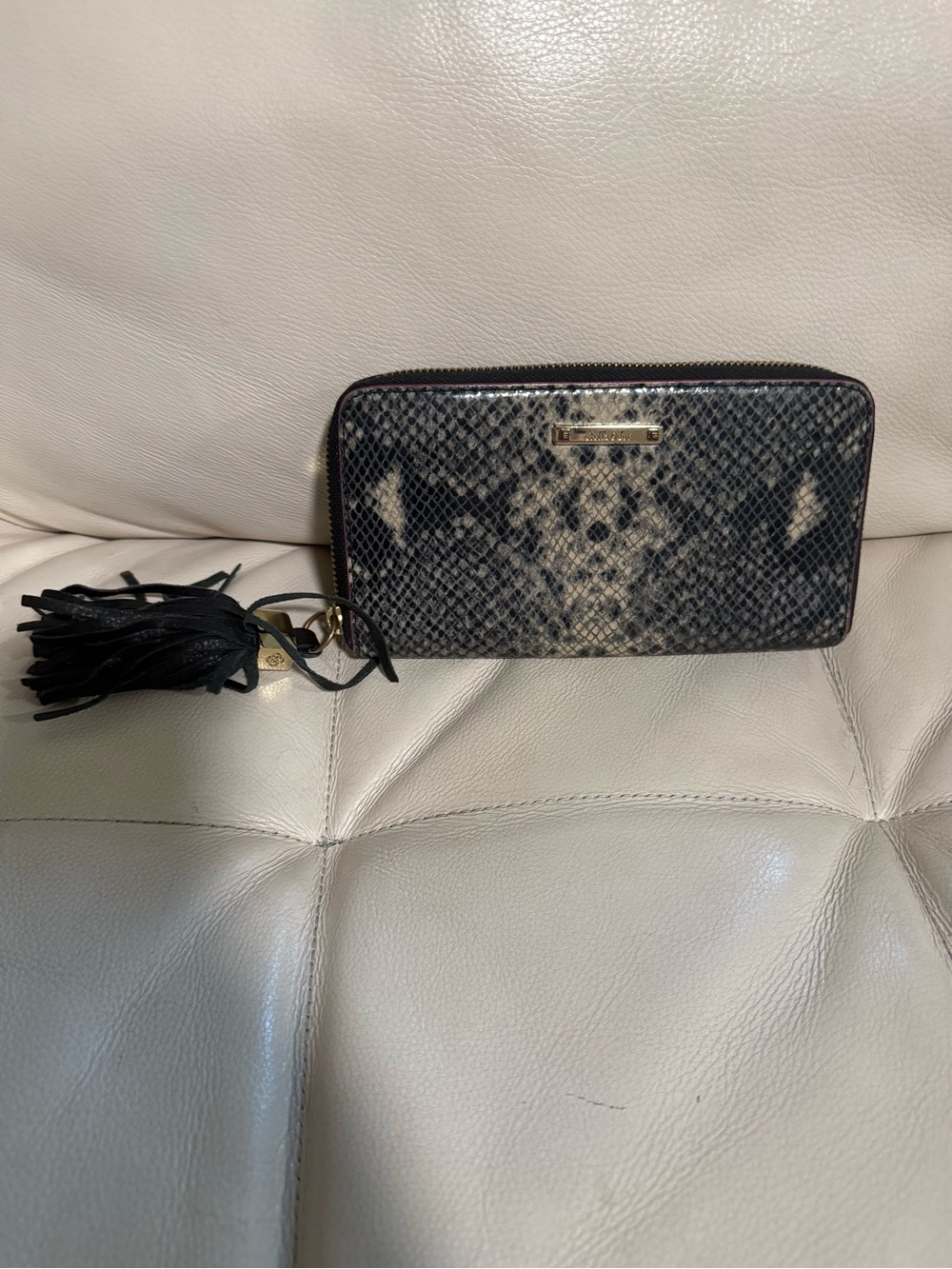 Stella & Dot Black and Cream Snake-Print Zip Wallet with Tassel